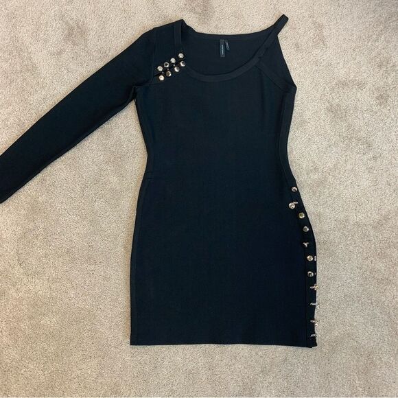 MARCIANO black one shoulder gold button bodycon bandage mini dress Sz L NWOT - Picture 11 of 11